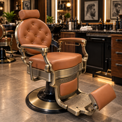 Cadeira de barbeiro vintage castanha com estrutura dourada e apoio de pés acolchoado numa barbearia