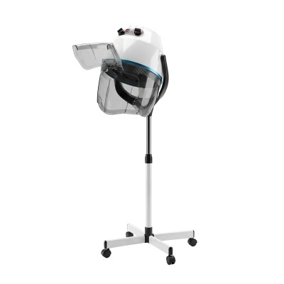Secador de cabelo profissional branco e azul claro com visor transparente e base com quatro rodas