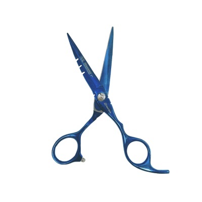 Tesoura profissional azul para cortar cabelo com texto 'VIKING' e 'JAPAN 440C' nas lâminas