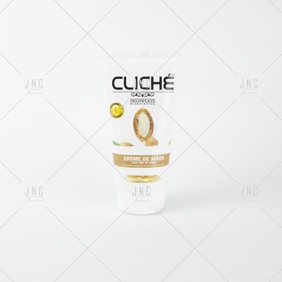 Frasco branco de creme de mãos Cliché com imagem de noz e azeitona