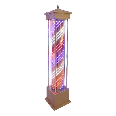 Coluna com luzes LED multicoloridas em espiral dentro de cilindro transparente com base e topo em madeira castanha