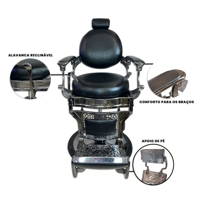 Cadeira de barbeiro preta em couro sintético com estrutura cromada trabalhada e apoios acolchoados