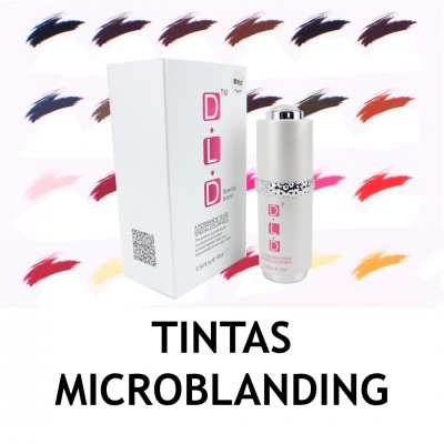 Frasco e embalagem de tinta para microblading com várias amostras de cor ao fundo