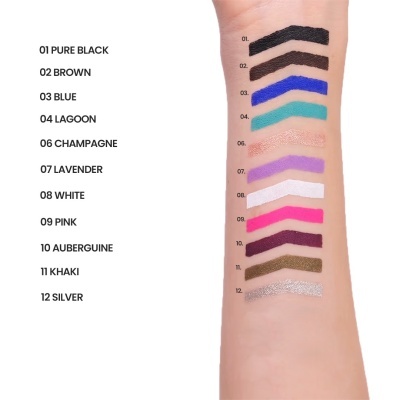 Doze amostras de cores de maquilhagem num braço com nomes e números ao lado