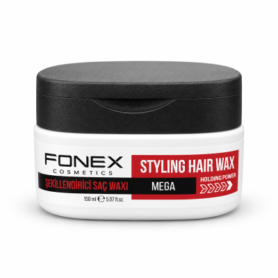 Pote branco com tampa preta de cera modeladora de cabelo FONEX