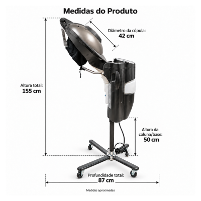 Equipamento profissional metálico com base de rodas e cúpula aberta sobre fundo branco