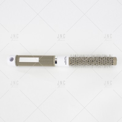 Escova de cabelo redonda metálica cinza com cabo branco e cinza