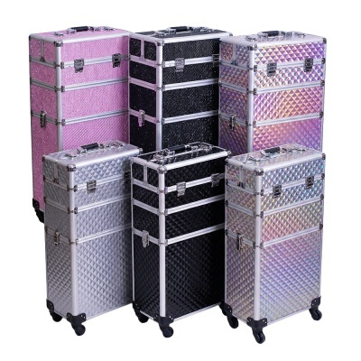 Conjunto de malas de maquilhagem coloridas com alumínio e rodas