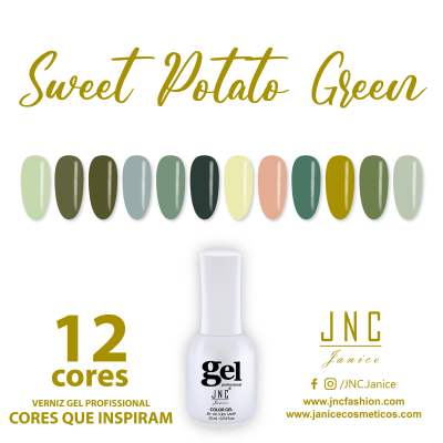 Paleta de 12 cores de verniz gel Sweet Potato Green e frasco branco de verniz gel da marca JNC Janice