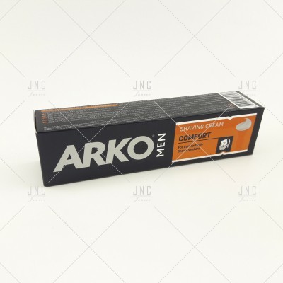 Embalagem de creme de barbear ARKO MEN Comfort preta com detalhes laranja e branco