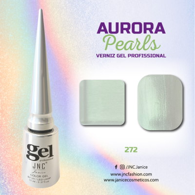 Frasco de verniz gel branco com texto e amostras de cor 272 em fundo iridescente