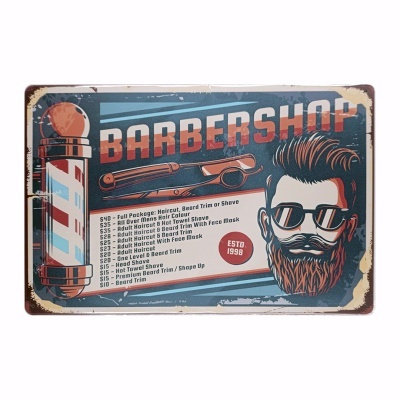 Cartaz vintage de barbearia com poste colorido e homem estilizado com barba e óculos