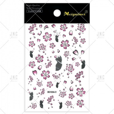Autocolantes decorativos para unhas com flores cor-de-rosa e pegadas pretas