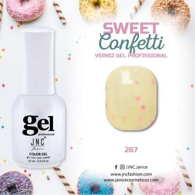 Verniz gel profissional JNC Fashion com amostra de cor e donuts coloridos no fundo.