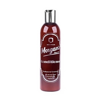 Frasco vermelho de condicionador Morgan's com texto branco e tampa prateada