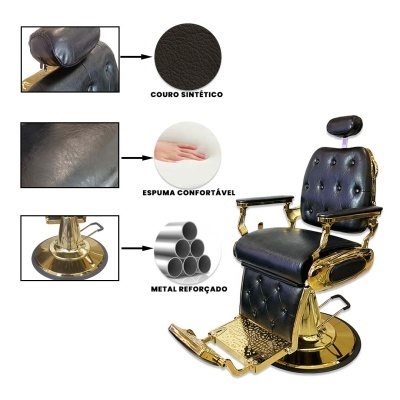 Cadeira de barbeiro dourada com estofos pretos em couro sintético e detalhes reforçados.