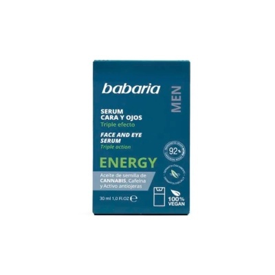 Embalagem azul de sérum para cara e olhos Babaria MEN ENERGY com texto em castelhano e inglês
