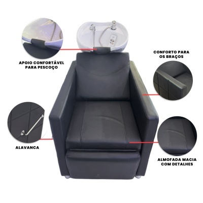 Cadeira de cabeleireiro preta com lavatório branco e detalhes destacados.