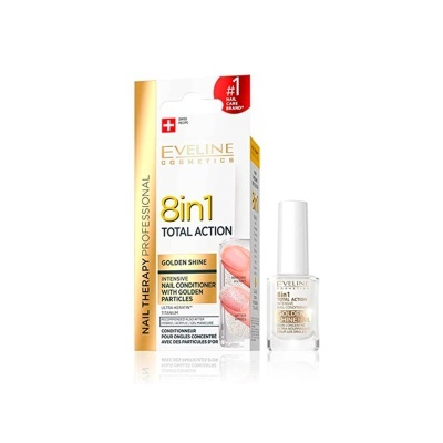 Condicionador para unhas Eveline Cosmetics Nail Therapy Professional 8in1 Total Action Golden Shine em frasco e embalagem.