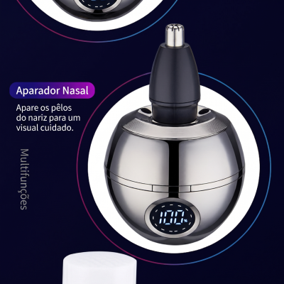 Aparelho aparador nasal metálico com visor digital a mostrar 100% e texto em português