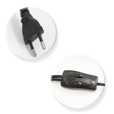 Cabo elétrico preto com ficha e interruptor de dois botões