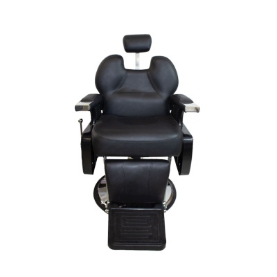 cadeira de barbeiro preta com apoio de cabeça e suporte para pés
