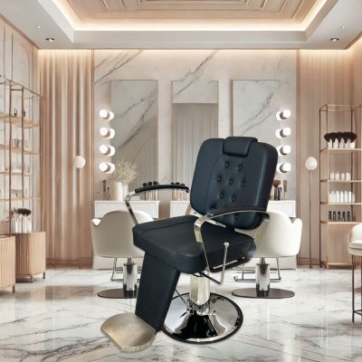 Cadeira de barbearia preta acolchoada num salão moderno e luminoso