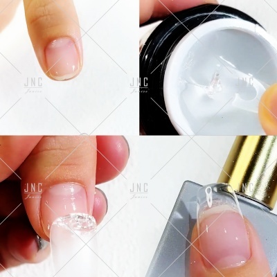 Processo de aplicação de unha postiça transparente com cola