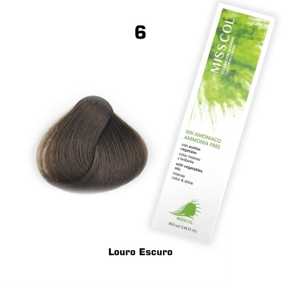 Amostra de cabelo castanho escuro e embalagem branca de coloração capilar Misscol