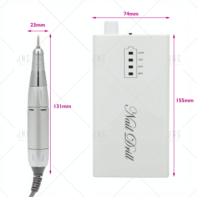 Aparelho de manicure com motor prateado e unidade de controle branca com texto e indicadores digitais.