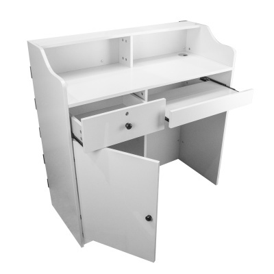 Secretária branca com prateleiras, gavetas e porta aberta