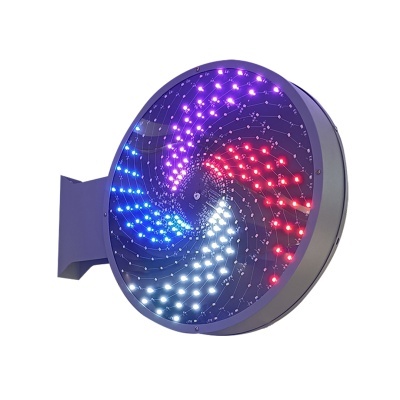 Luz LED circular com padrão espiral colorido e suporte cinzento