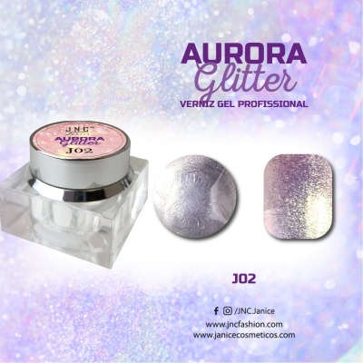 Frasco de verniz gel Aurora Glitter JNC com amostras e texto promocional