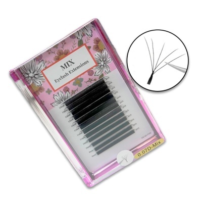 Conjunto de extensões de pestanas em embalagem rosada com várias fileiras de pestanas pretas