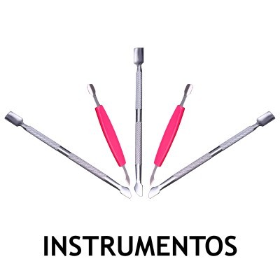 Conjunto de instrumentos metálicos de unhas com cabos vermelhos e diferentes pontas
