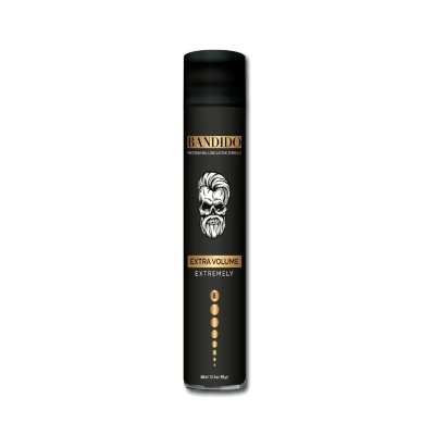 Frasco preto de produto BANDIDO com ilustração de rosto e textos Extra Volume Extremely
