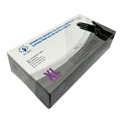 Caixa de luvas de nitrilo pretas descartáveis tamanho XL com texto em português e espanhol