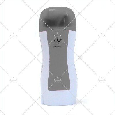 Frasco plástico branco com tampa cinza escura e texto JNC