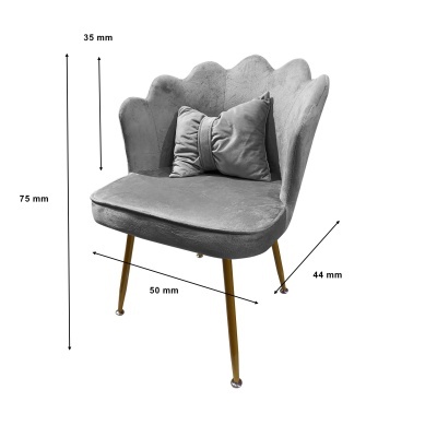 Cadeira cinzenta estofada com pernas douradas e almofada