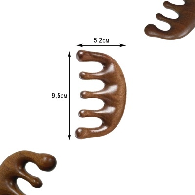 Pente de madeira castanho com cinco dentes e medidas indicadas