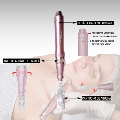 Aparelho portátil rosa com cartucho de agulha e anel de ajuste, usado na pele de uma pessoa deitada