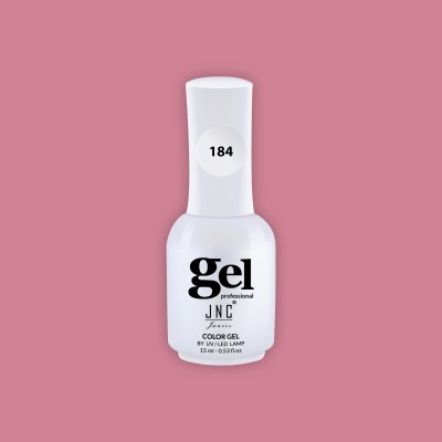 Frasco branco de verniz gel para unhas JNC Professional número 184 em fundo rosa