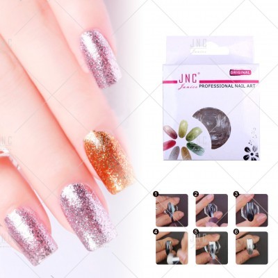 Unhas com glitter rosa e dourado, embalagem JNC nail art, instruções de aplicação do produto.