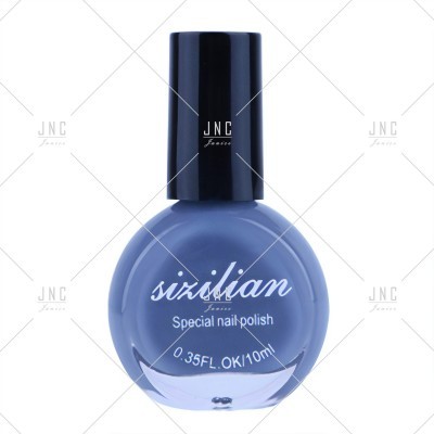 Frasco de verniz de unhas azul com tampa preta e texto branco