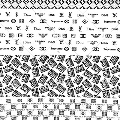 Padrões em faixas horizontais com logotipos de marcas de luxo e palavras como LOVE e PEPONLY em preto e branco