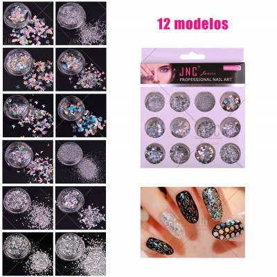 Conjunto com 12 modelos de brilhos e lantejoulas para decoração de unhas em embalagem branca e lilás