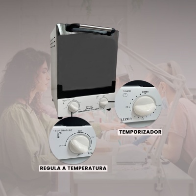 Desinfetador elétrico cinzento com controles de temperatura e temporizador