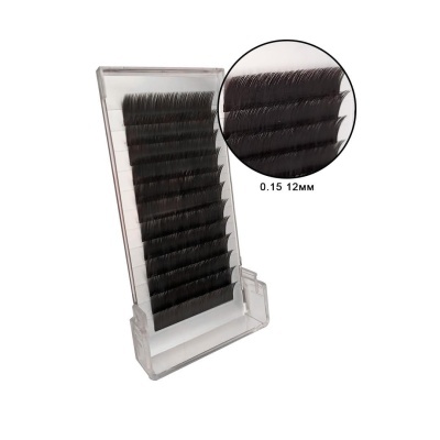 Conjunto de pestanas pretas sintéticas em suporte transparente com detalhe ampliado 0.15 12MM