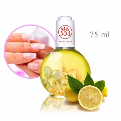 Frasco de azeite para cutículas com flores e limões ao lado