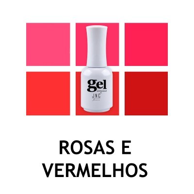 Frasco de verniz gel branco com seis amostras de cores rosas e vermelhas